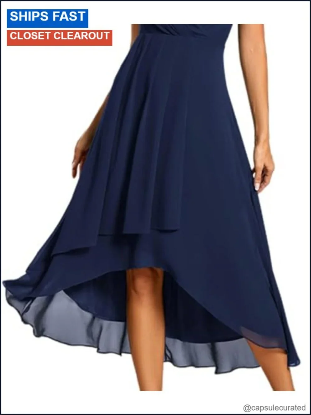 Women's Chiffon Midi Dress V-Neck High Waisted A-Line 3/4 Sleeve Casual